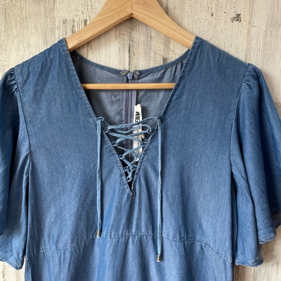Lovers + Friends Denim Washed Ashore Flutter Sleeve Lace Up Dress Size S - Picture 5 of 13